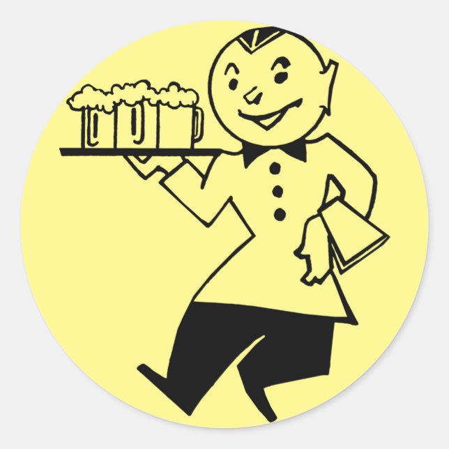 Sticker Rond Waiter Servant Bière Retro Cartoon Homme Alcool ar (Devant)