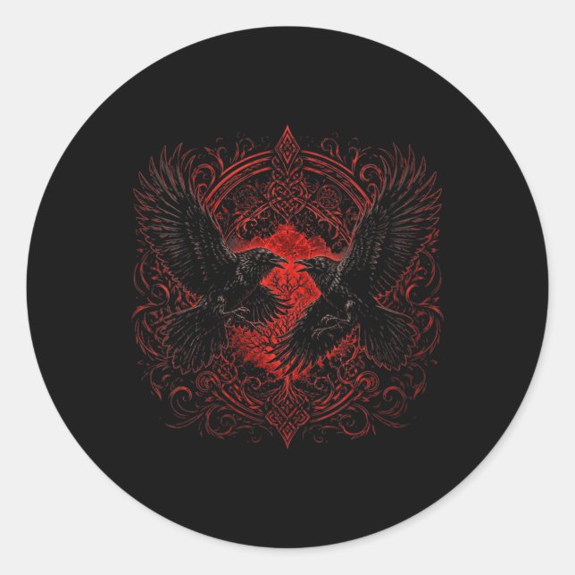 Sticker Rond Walhalla féminin Corbeau Corbeaux Runes d'Odin Nor (Devant)