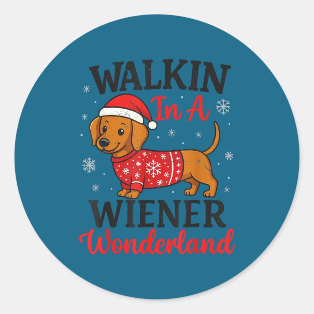Sticker Rond Walking In Weiner Wonderland Mini Dachshund Christ (Devant)