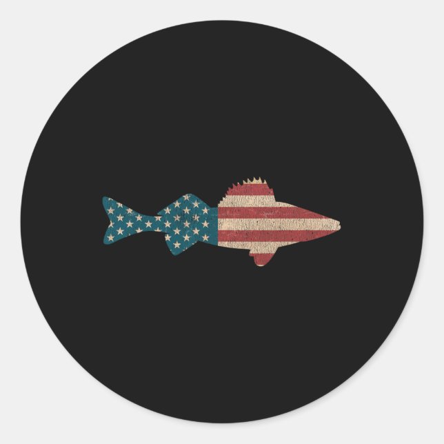 Sticker Rond Walleye Fishing Drapeau américain Sauger Angling (Devant)