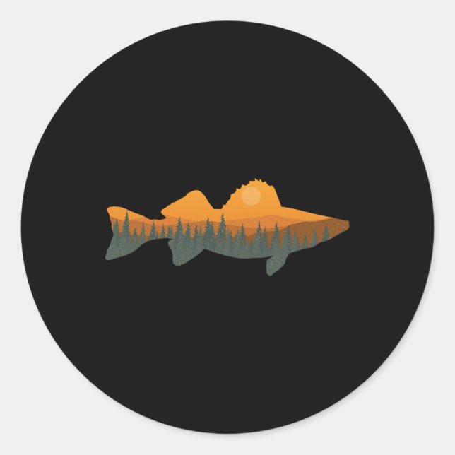 Sticker Rond Walleye Fishing Forest Nature Pêcheur de la faune (Devant)
