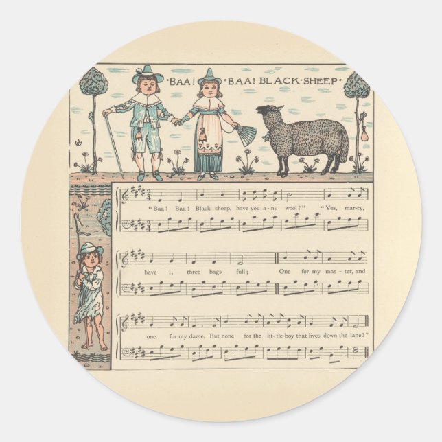 Sticker Rond Walter Crane Baa Baa Mouton Noir Comptine (Devant)