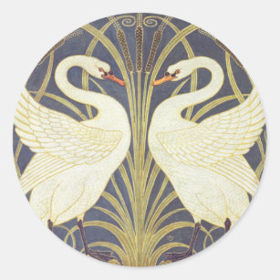 Sticker Rond Walter Crane Swan, Rush Et Iris Art Nouveau