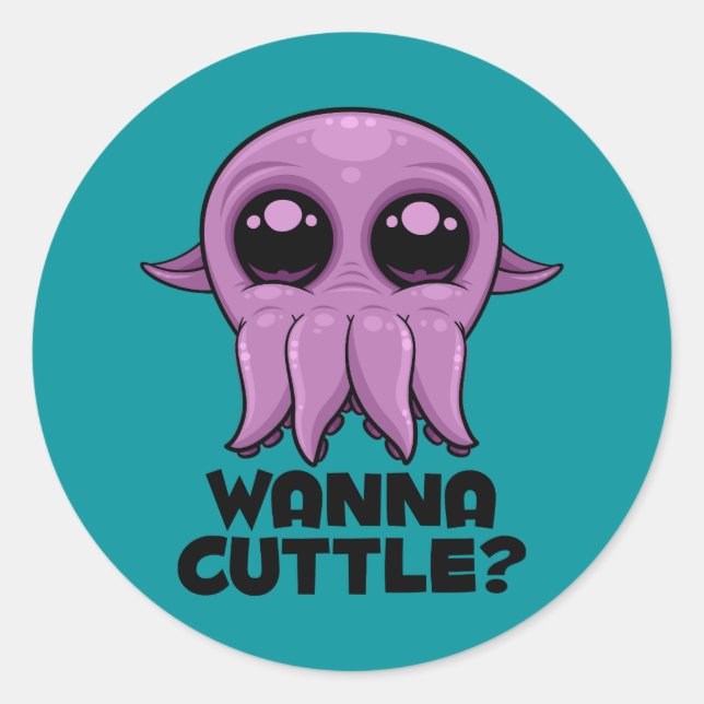 Sticker Rond Wanna Cuttle Cute Cartoon Cuttlefish (Devant)