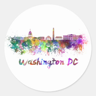 Sticker Rond Washington DC skyline in watercolor