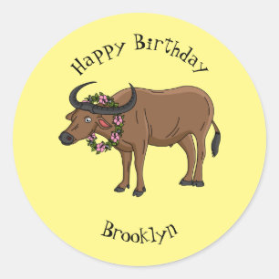 Sticker Rond Water buffalo with flowers