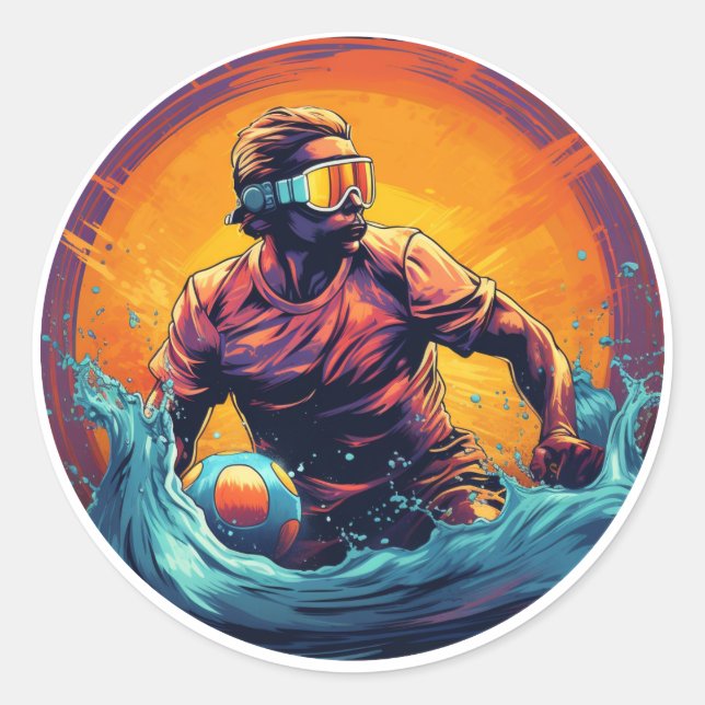 Sticker Rond Water Polo Player Coloré Waterpolo (Devant)