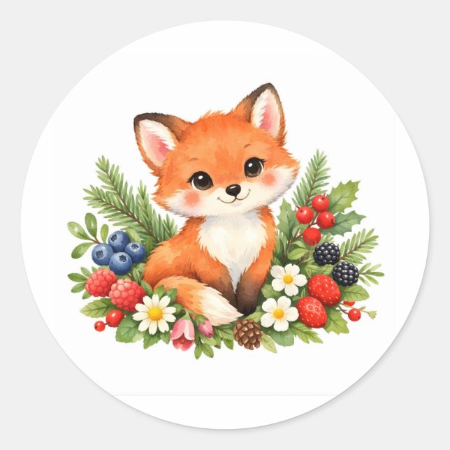 Sticker Rond Watercolor Baby Fox with Berries and Flowers  (Devant)