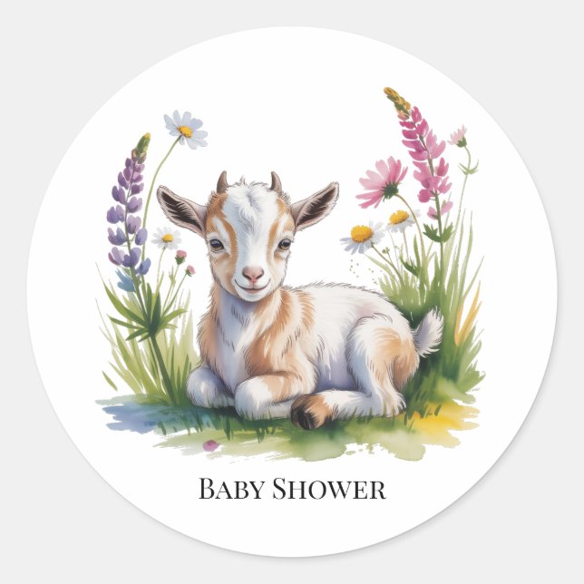 Sticker Rond Watercolor Baby Goat with Wildflowers Baby Shower  (Devant)