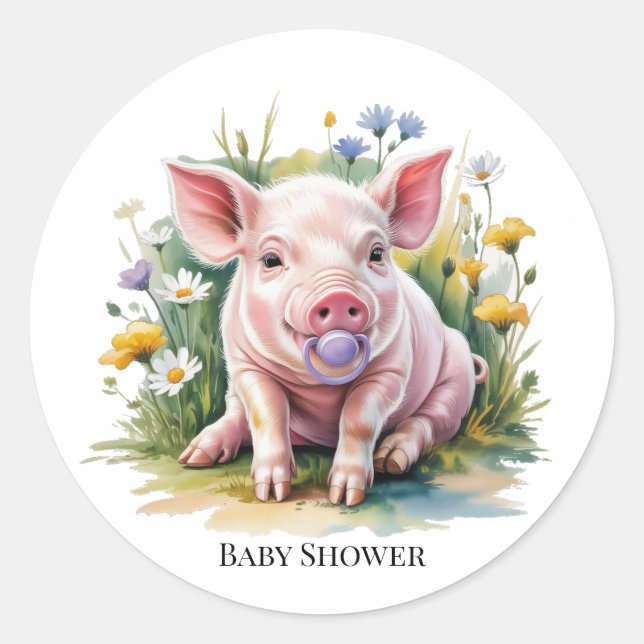 Sticker Rond Watercolor Baby Pig Wildflowers Baby Shower (Devant)