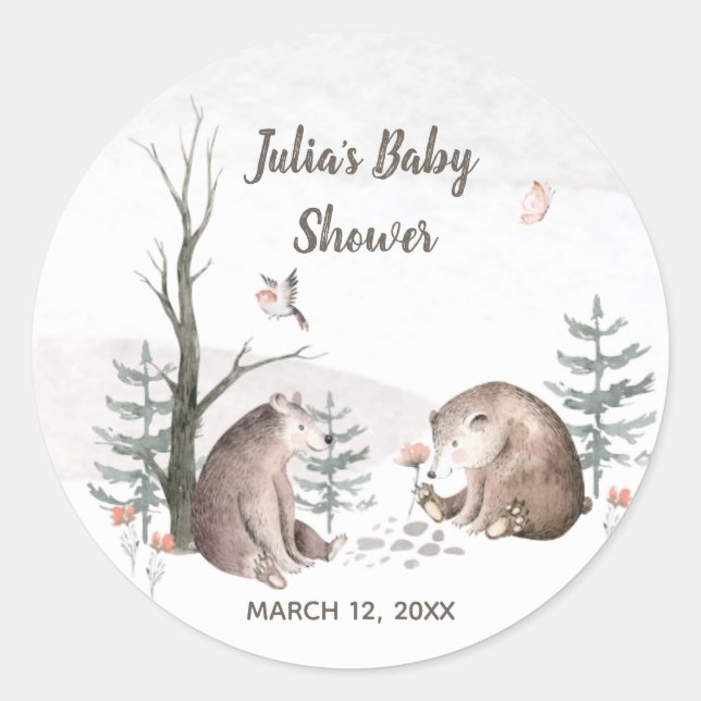 Sticker Rond Watercolor Baby shower forestier Woodland (Devant)