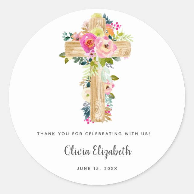 Sticker Rond Watercolor Baptism Floral Cross Christening (Devant)