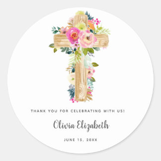 Sticker Rond Watercolor Baptism Floral Cross Christening