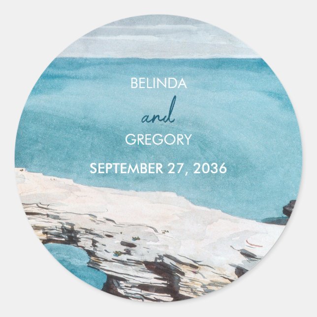 Sticker Rond Watercolor Beach Ocean Waves Monogram Mariage (Devant)