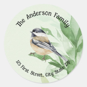 Sticker Rond Watercolor Black Capped Chickadee Bird Nature Art