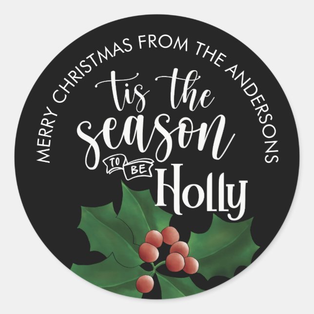Sticker Rond Watercolor Black Holly and Berries Christmas Gift (Devant)