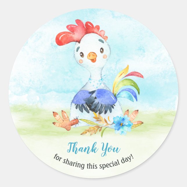 Sticker Rond Watercolor Booster Rooster Farm Merci (Devant)