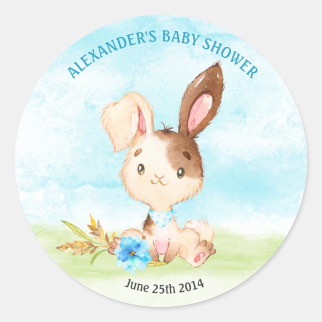 Sticker Rond Watercolor Boy Bunny Baby shower Farm (Devant)