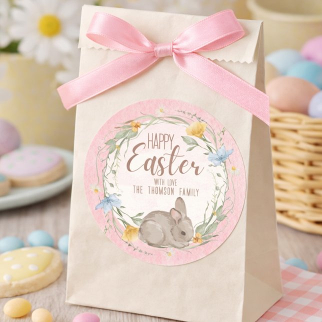 Sticker Rond Watercolor Bunny Spring Wildflowers Happy Easter  (Créateur téléchargé)