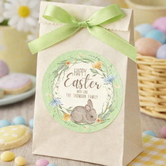 Sticker Rond Watercolor Bunny Spring Wildflowers Happy Easter 