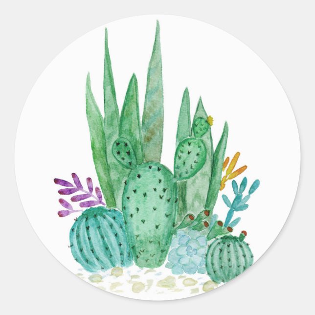 Sticker Rond Watercolor , cactus , succulents (Devant)