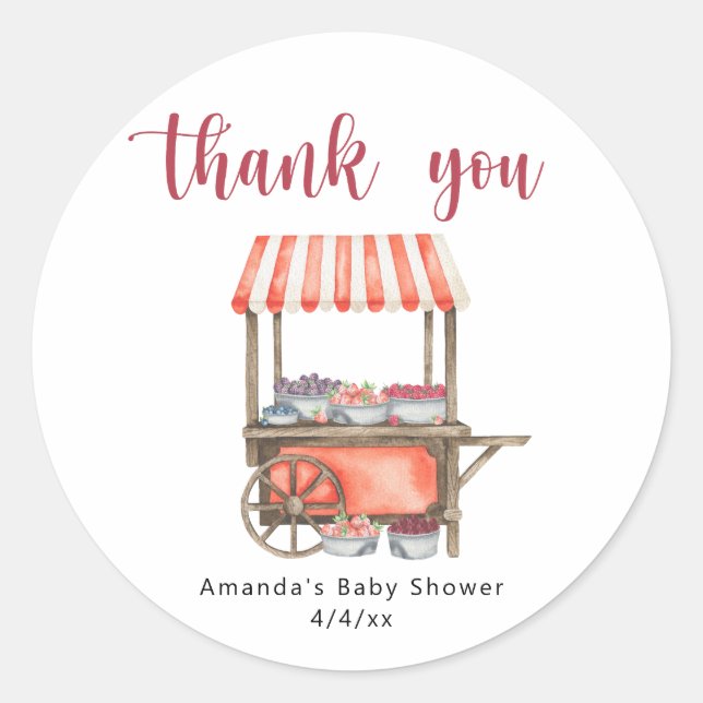 Sticker Rond Watercolor Cart Berries Baby shower Thank you (Devant)