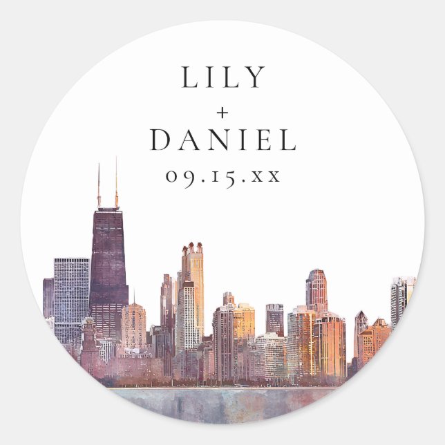 Sticker Rond Watercolor Chicago Skyline Destination Wedding (Devant)