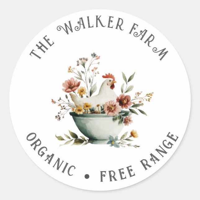 Sticker Rond Watercolor Chicken Floral Family Farm (Devant)