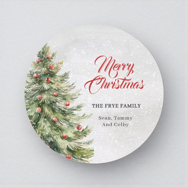 Sticker Rond Watercolor Christmas Tree Holiday Gift (Personalized Merry Christmas round sticker with family name)