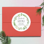 Sticker Rond Watercolor Christmas Wath Return Adresse<br><div class="desc">Le thème unique de Noël rond enveloppent les phoques pour compléter VG Invitations de baies rouges et de la collection de couronnes vertes. Un choix simple et élégant pour les étiquettes d'adresse de retour. Cette conception comporte les mots Joyeuses Fêtes dans la typographie manuscrite de script. Utilisez comme scellés d'enveloppe...</div>