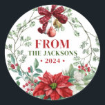 Sticker Rond Watercolor Christmas Wreath Nom de famille<br><div class="desc">Ces magnifiques vacances Aquarelle de Noël Wreath Nom de famille Stickers Rond Classic présentent un poinsettia, une couronne festive, des baies saintes rouges avec des feuilles, de la verdure de Noël, sur un arrière - plan blanc moderne. C'est parfait pour les cadeaux faits main, les cadeaux de remerciement, les cartes...</div>