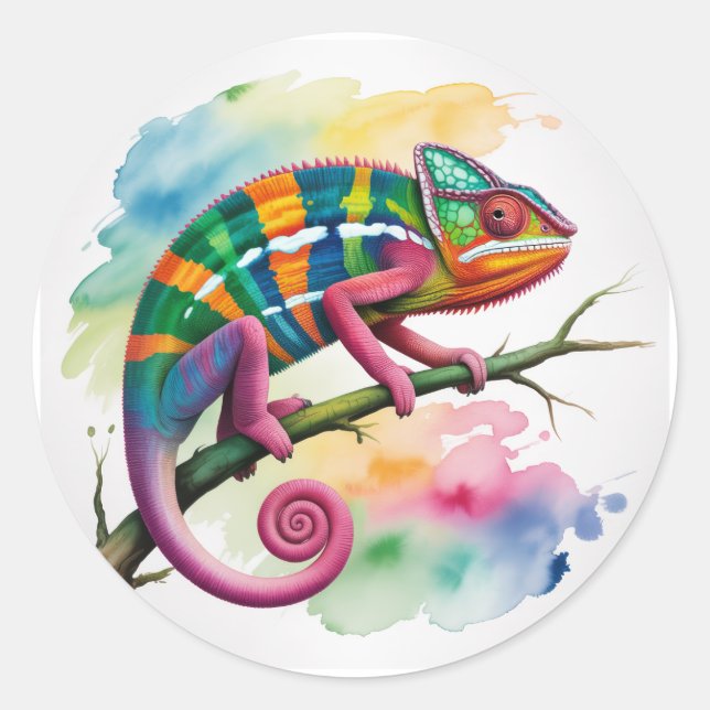 Sticker Rond Watercolor Colorful Chameleon Birthday Party (Devant)