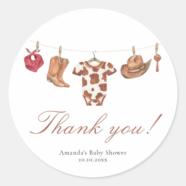 Sticker Rond Watercolor cowboy Baby Shower Thank you (Devant)