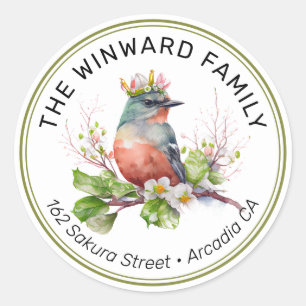 Sticker Rond Watercolor Crowned Spring Bird Adresse