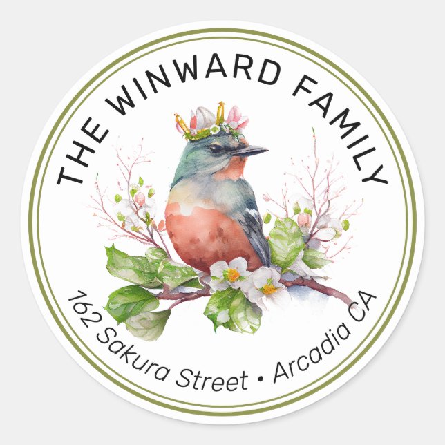 Sticker Rond Watercolor Crowned Spring Bird Adresse (Devant)