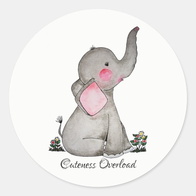Sticker Rond Watercolor Cute Baby Elephant With Blush & Flowers (Devant)