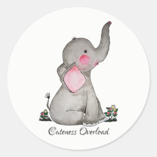 Sticker Rond Watercolor Cute Baby Elephant With Blush & Flowers