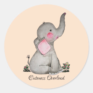 Sticker Rond Watercolor Cute Baby Elephant With Blush & Flowers