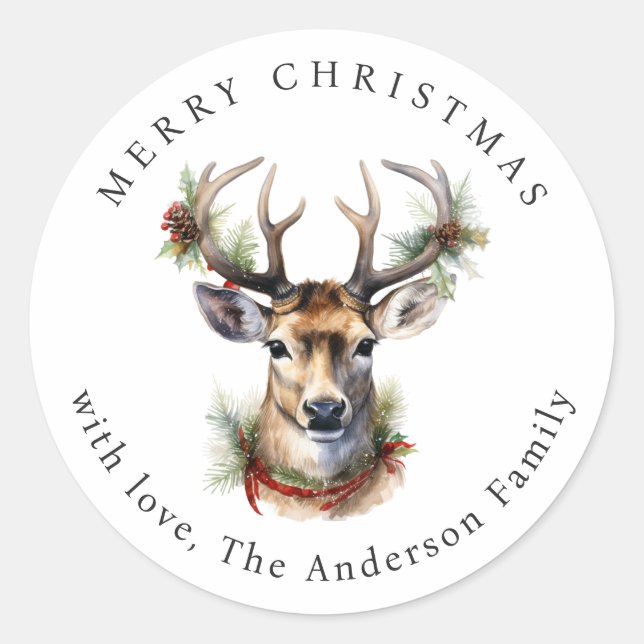 Sticker Rond Watercolor Deer Christmas (Devant)