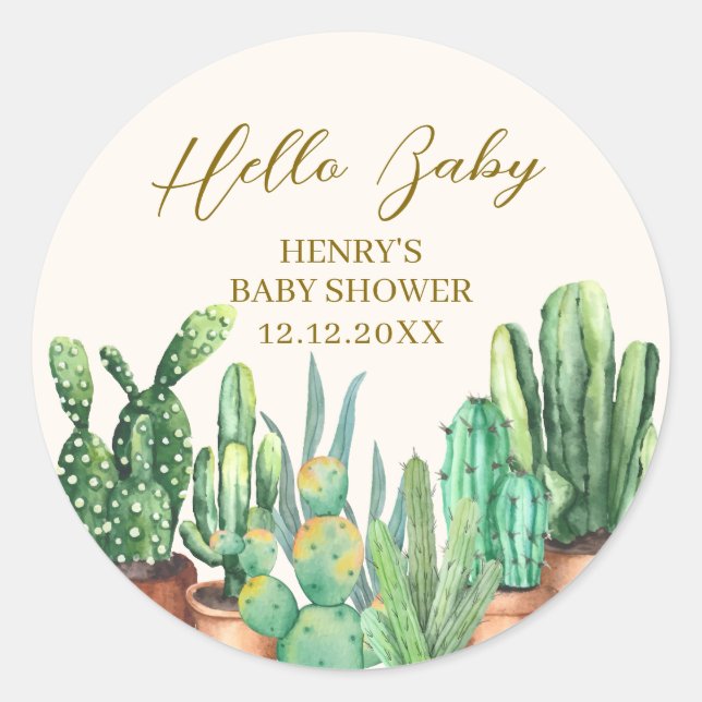 Sticker Rond Watercolor Desert Cactus Garden Baby shower (Devant)