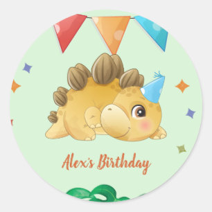 Sticker Rond Watercolor Dinosaur Boy fête d'anniversaire