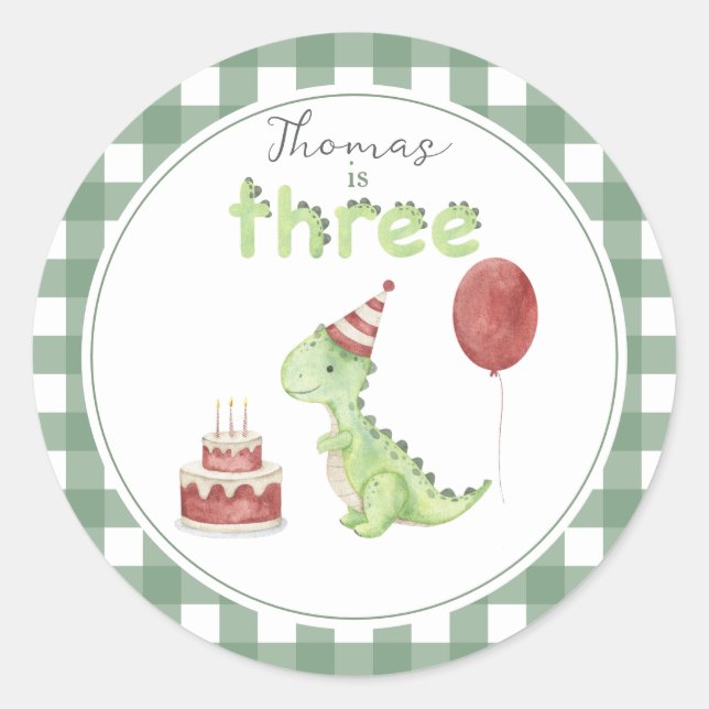 Sticker Rond Watercolor Dinosaur Three Birthday (Devant)