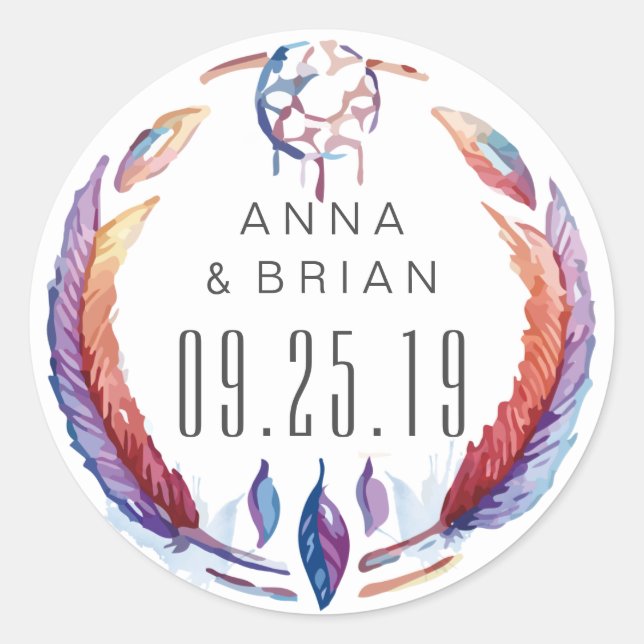 Sticker Rond Watercolor Dream Catcher Feathers Boho Mariage (Devant)
