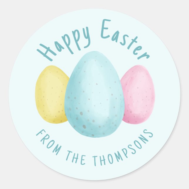 Sticker Rond Watercolor Easter Eggs Happy Easter Blue (Devant)