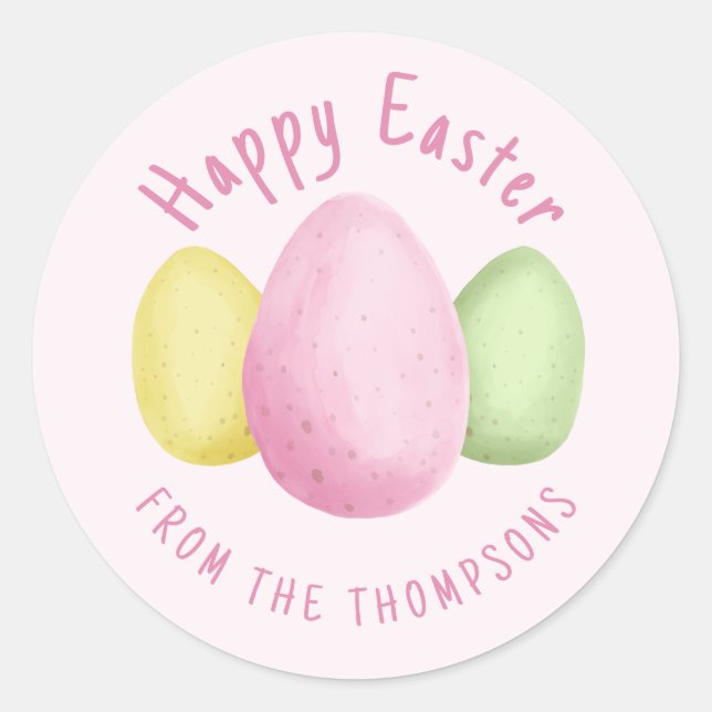 Sticker Rond Watercolor Easter Eggs Happy Easter Pink (Devant)