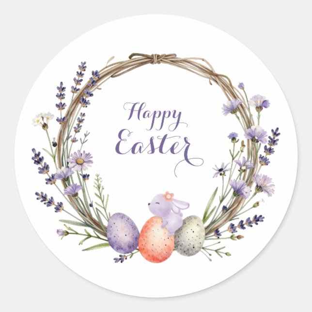 Sticker Rond Watercolor Easter Lavender Wreath Eggs Cute Bunny (Devant)