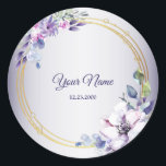 Sticker Rond Watercolor Floral Geometric Golden Purple Wedding<br><div class="desc">Watercolor Floral Geometric Golden Purple Wedding Classic Round Sticker. Unique,  beautiful,  modern design. Easy to be personalized. Font style,  size and colors can be changed. Matching items available.</div>