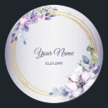 Sticker Rond Watercolor Floral Geometric Golden Purple Wedding<br><div class="desc">Watercolor Floral Geometric Golden Purple Wedding Classic Round Sticker. Unique,  beautiful,  modern design. Easy to be personalized. Font style,  size and colors can be changed. Matching items available.</div>