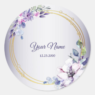 Sticker Rond Watercolor Floral Geometric Golden Purple Wedding