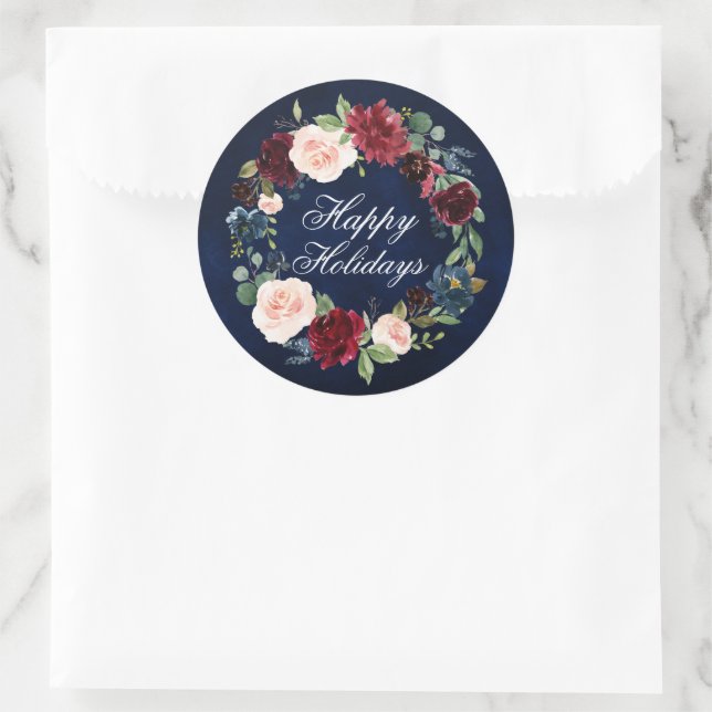 Sticker Rond Watercolor Floral Wreath Joyeuses vacances tout au (Sac)